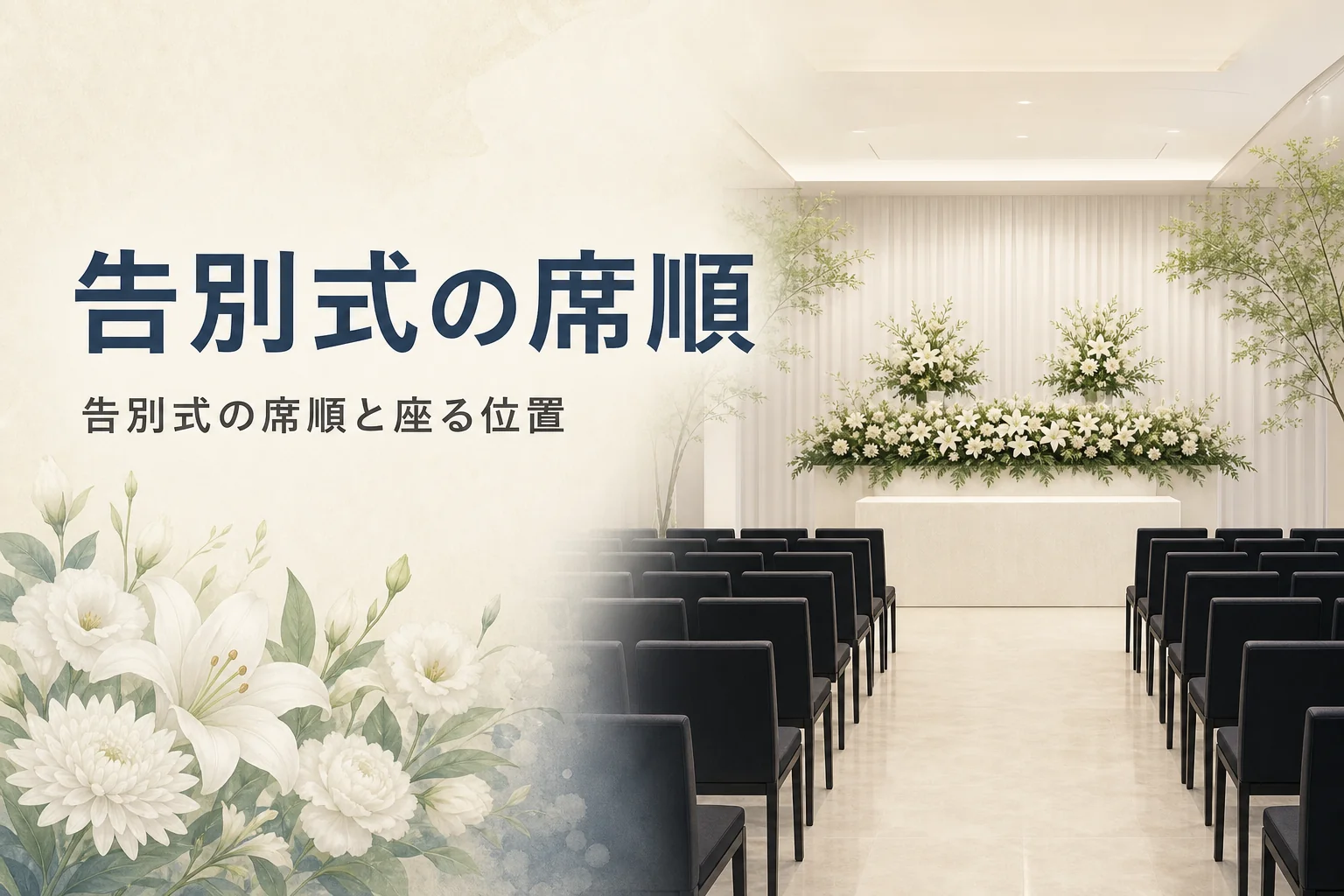 告別式の席順を紹介する記事のアイキャッチ。祭壇の手前に左右に分かれて並ぶ椅子