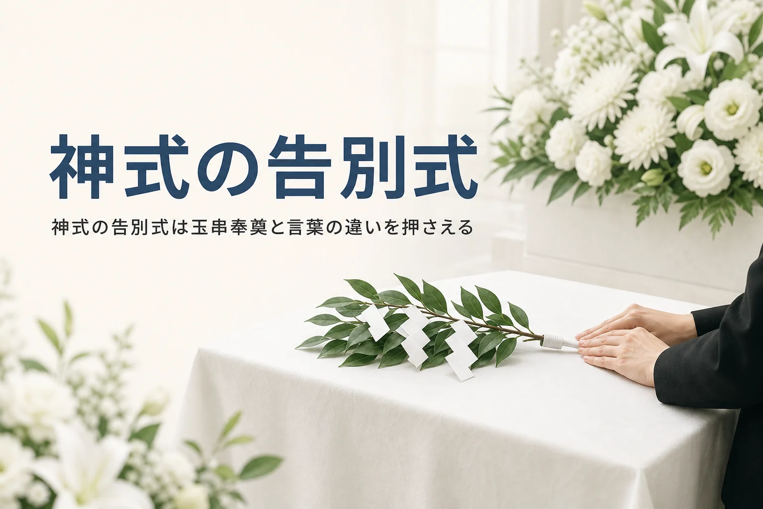 神式の告別式（葬場祭）の流れとマナーを紹介する記事のアイキャッチ。台に置かれた榊の玉串