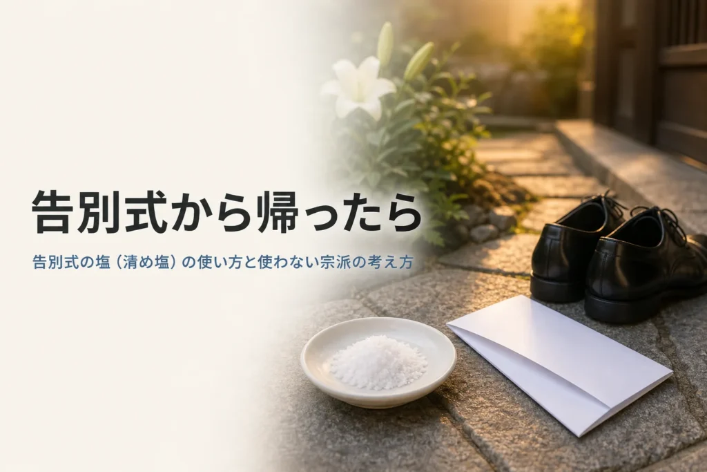 告別式の塩（清め塩）について紹介する記事のアイキャッチ。玄関先の小皿の塩と会葬礼状