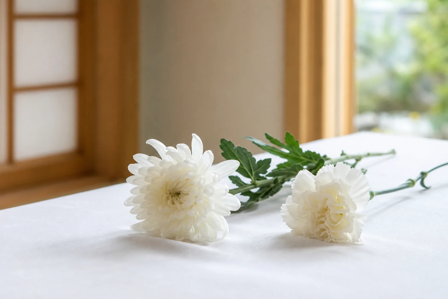 お別れの儀で棺に入れる別れ花をイメージした、白い花が並べて置かれた写真
