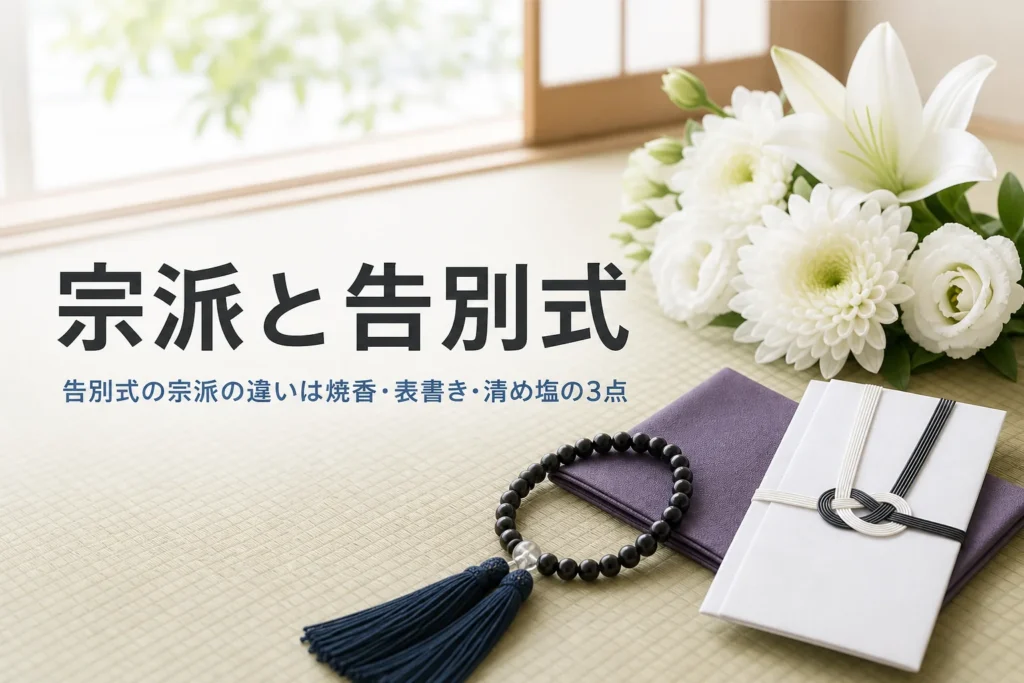 宗派による告別式の違いを紹介する記事のアイキャッチ。畳の上の数珠と袱紗