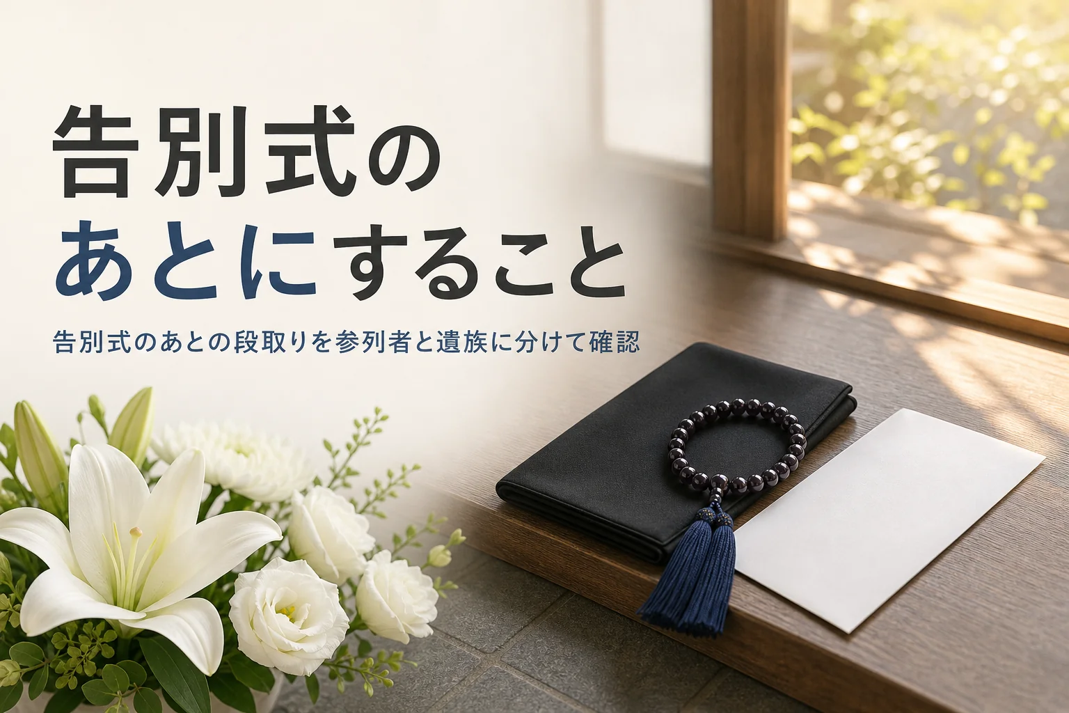 告別式のあとにすることを紹介する記事のアイキャッチ。玄関に置かれた袱紗と数珠、会葬礼状