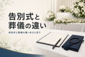告別式と葬儀の違いを紹介する記事のアイキャッチ。斎場の受付の机と白い花