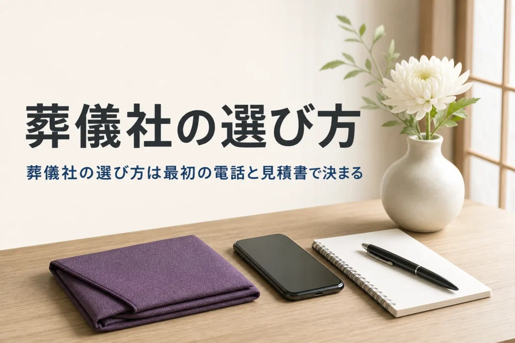 葬儀社の選び方を紹介する記事のアイキャッチ。机の上にスマートフォンとメモ帳、袱紗が置かれている