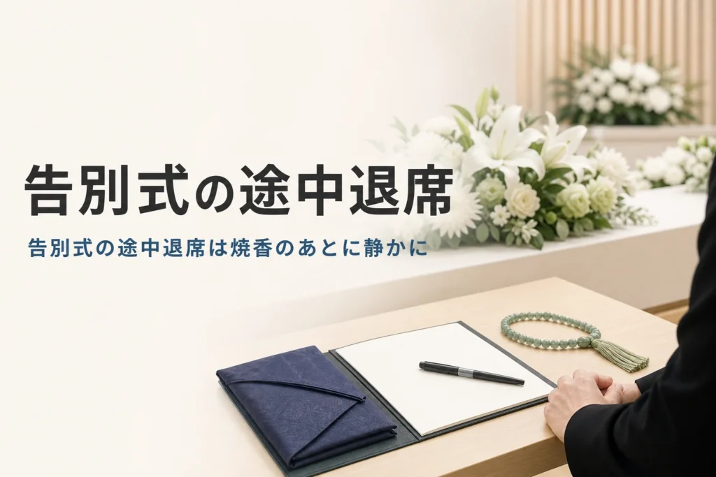 告別式の途中退席のマナーを紹介する記事のアイキャッチ。斎場の受付の机に置かれた袱紗と芳名帳