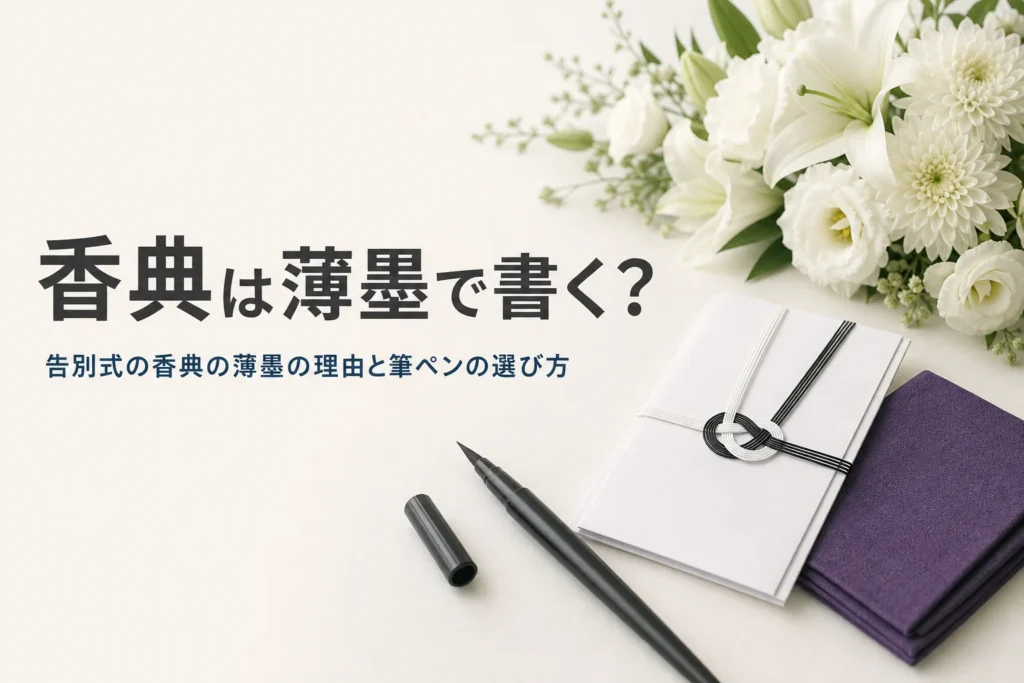 告別式の香典の薄墨について紹介する記事のアイキャッチ。香典袋と筆ペン