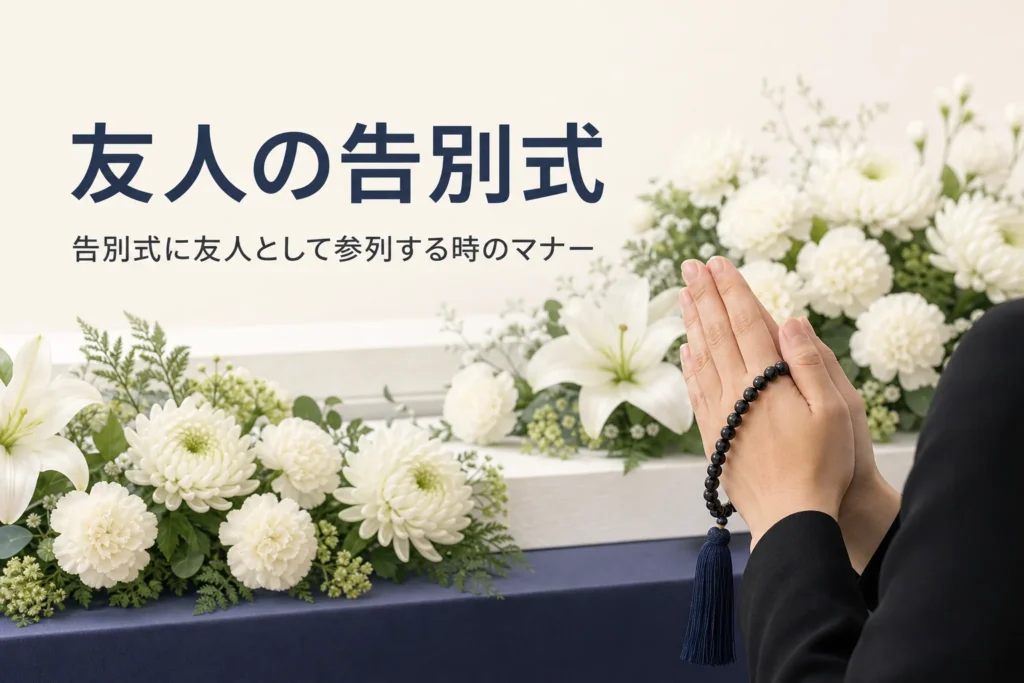 友人の告別式の参列マナーを紹介する記事のアイキャッチ。白い花の前で数珠を持って合掌する手元